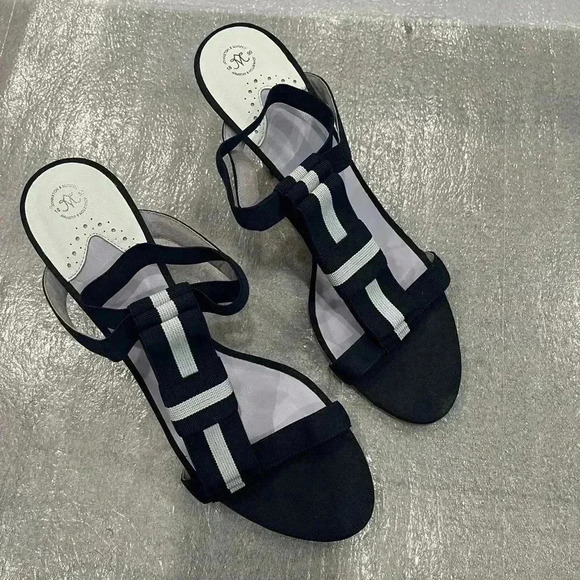 Johnston & Murphy Shoes - [8.5] Johnston & Murphy Chastity Wedge Blue Bow Ankle Strap Heel  Sandal